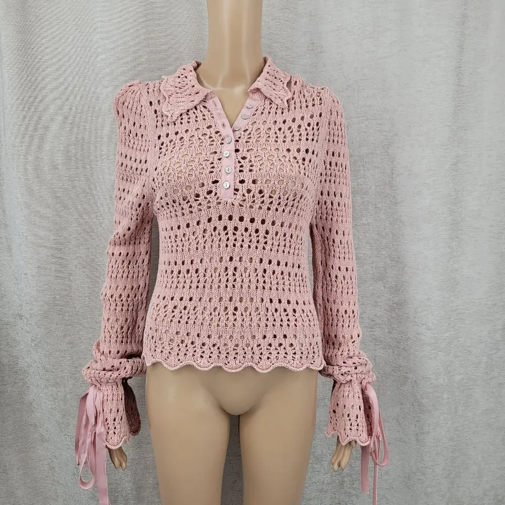 Free People Pointelle Pullover Mauve Rose Pink Crochet Button Up Women's Top NEW